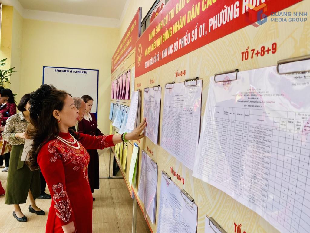 Bà Trần Thị Hoa, khu Hồng Gai 1 xem danh sách cử tri tại nhà văn hóa khu Hồng Gai 1.